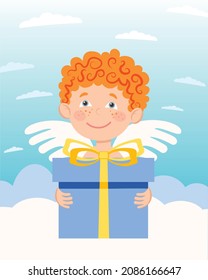Angel on a cloud holding a gift box. Vector character in a flat style.