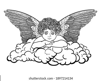 Angel sur un nuage, dessin au contour en noir isolé sur fond blanc, illustration vectorielle de stock pour le design et la décoration, livre de coloriage, modèle, autocollant, bannière, affiche, image vintage
