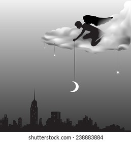 angel on the cloud puts the moon on the night sky, fairytale, Christmas story,shadows, black and white