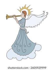 Angel on clouds playing trumpet, side view, outline vector illustration isolated on white