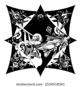 Angel on cross dome with 4 apostles, angels and seraphim. Ink illustration black and white in Byzantine style isolated