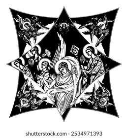 Angel on cross dome with 4 apostles, angels and seraphim. Ink illustration black and white in Byzantine style isolated