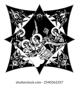 An angel on cross dome with 4 apostles, angels and seraphim. Ink illustration black and white in Byzantine style isolated