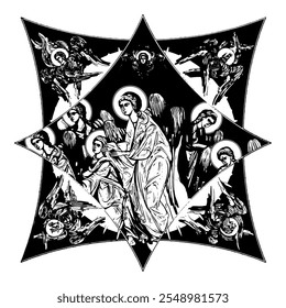 Angel on cross dome with 4 apostles, angels and seraphim. Ink illustration black and white in Byzantine style isolated