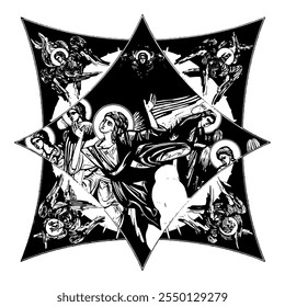 An angel on cross dome with 4 apostles, angels and seraphim. Ink illustration black and white in Byzantine style isolated