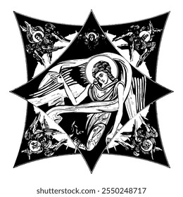 Angel on cross dome with 4 apostles, angels and seraphim. Ink illustration black and white in Byzantine style isolated