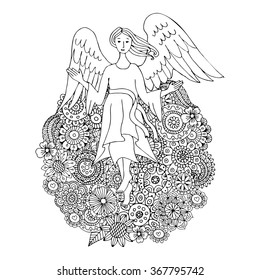 Angel on the flowers heart. Zentangle pattern for coloring books