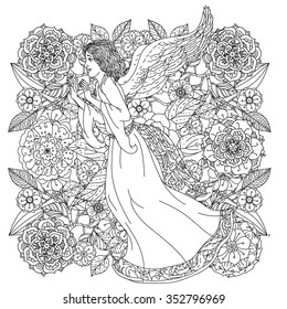 Angel on orient floral ornament, Black and white. Zentangle pattern