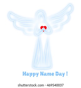 Angel on pure white background. Angel soft blue color with red heart in hands as symbol of love and happiness. Greeting card with name day