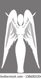 An angel with open wings and hands up.