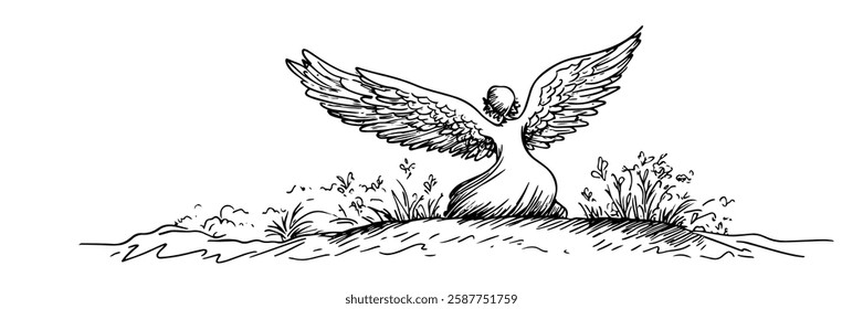 angel with open wings on grassy hill in hand-drawn line art style