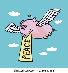 Angel pig with peace flag flying on sky cartoon vector illustration
