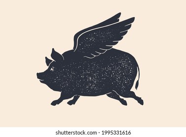 Angel piggy, pig with wings. Vintage retro print, black white fly pig drawing with wings, grunge old school style. Isolated black silhouette angel pig on white background. Vector Illustration