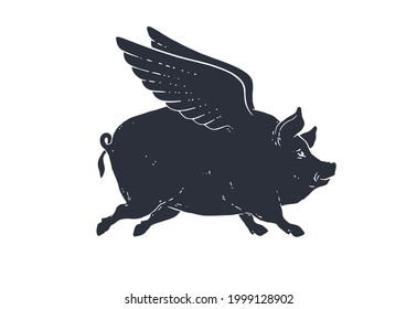 Angel piggy, pig with wings. Vintage retro print, black white fly pig drawing with wings, grunge old school style. Isolated black silhouette angel pig on white background. Vector Illustration