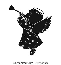 Angel with a pipe single icon in black style for design. Christmas vector symbol stock illustration web.