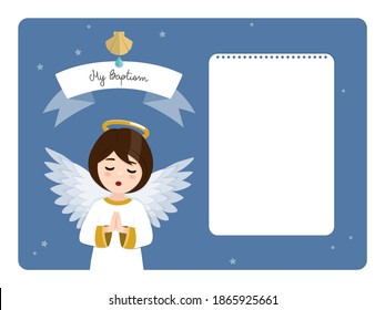 Angel playing the harp. Baptism horizontal invitation on blue sky and stars background. Vector illustration