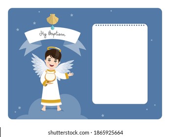 Angel playing the harp. Baptism horizontal invitation with message. Vector illustration