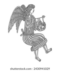 Angel playing harp, Vintage engraving drawing style vector illustration