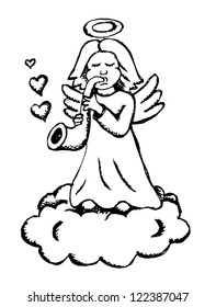 Angel playing saxophone, sketch vector Valentines card