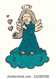 Angel playing saxophones, vintage vector Valentines card