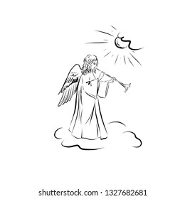 Angel playing trumpet. Graphic vintage linear drawing. Concept for religious holidays - Easter, Christmas. Bible symbol. Illustration for children's books, cards