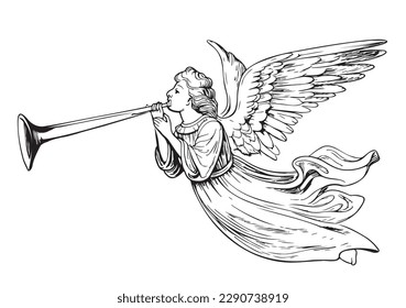 Angel playing the trumpet hand drawn sketch illustration