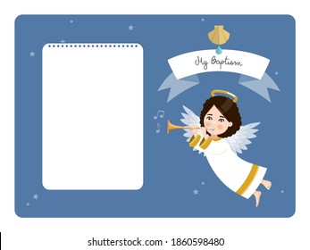 Angel playing the trumpet. My baptism horizontal invitation with message. Vector illustration