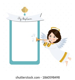 Angel playing the trumpet. My baptism invitation with message and white background. Vector illustration