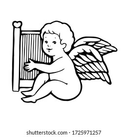 Angel plays the harp. Hand drawing outline doodles. Isolated on a white background. Cute baby vector illustration. Suitable for postcards, prints, designs, baby birth, birthday, Valentine's Day.