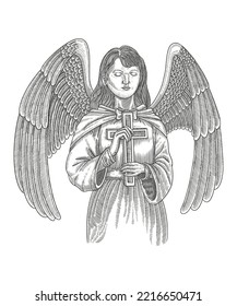 Angel pray with holding Cristian cross. Vector vintage Engraving drawing Illustration style