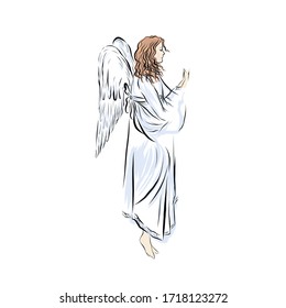 Angel prays God. Biblical heavenly symbol of man with wings. Decor for greeting retro cards for Christmas, Easter and other religious holidays. 