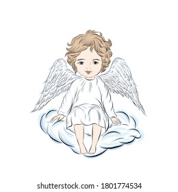 Angel prays to God. Divine heavenly symbol of the guardian angel of man. Character from Bible, Gospel. Design for Christmas and Easter. Hand drawn clip art