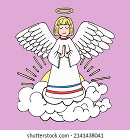 An angel prays for peace. Holy guardian angel in heaven at sunrise. Religious symbol. Kindness, love. Hand drawn vector flat art illustration. Contour line. Ready to use cards.