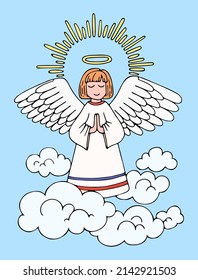 An angel prays for peace. Holy guardian angel in heaven. Religious symbol. Sky clouds. Hand drawn vector line art illustration. Ready to use cards.