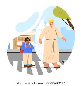 Angel protection scene. Life keeper with wings near boy at pedestrian crossroad. Man saving kid. Faith and believe, hope. Cartoon flat vector illustration isolated on white background