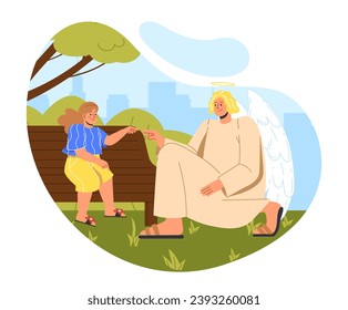 Angel protection scene. Life keeper with wings near girl. Man saving kid. Faith and believe, hope. Poster or banner. Cartoon flat vector illustration isolated on white background