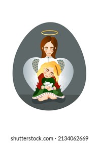 An angel protects a girl in a Belarusian dress with bracelets of Ukraine and Russia in her arms, who is holding a dove of peace.