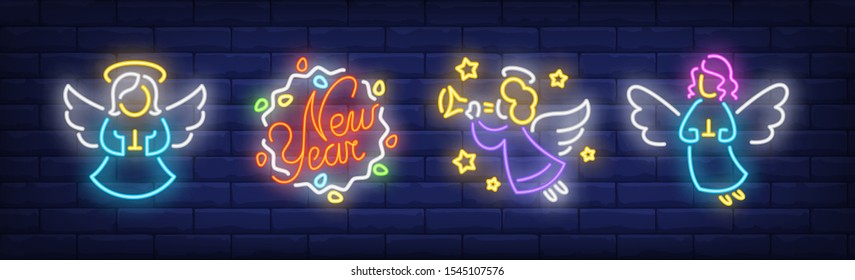 Angel putting hands together neon sign set. Religion, heaven, aureola. Night bright advertisement. Vector illustration in neon style for banner, billboard