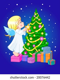 Angel Putting Star On Christmas Tree