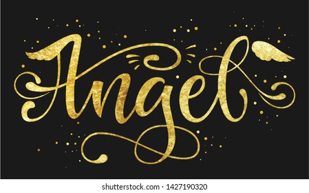 Angel quote. Baby shower hand drawn calligraphy script, grotesque style lettering phrase. Heart, angelic wings, halo elements. Sea blue color, gold foil texture text. 