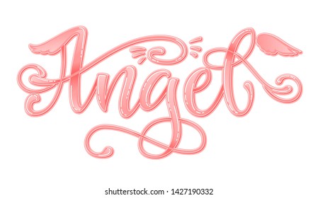  Angel quote. Baby shower hand drawn calligraphy script, grotesque style lettering phrase. Heart, angelic wings, halo elements. Glossy pink text. Card, print, poster, invintation design.