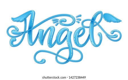  Angel quote. Baby shower hand drawn calligraphy script, grotesque stile lettering phrase. Heart, angelic wings, halo elements. Color pink, blue grossy effect text. Card, print, poster, invintation 