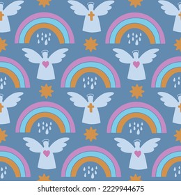 Angel and rainbow on blue background. Christian symbol seamless pattern. For textile, wrapping paper, packaging.