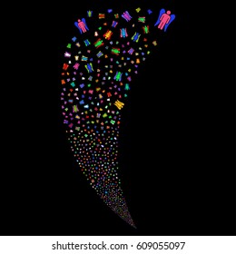 Angel random fireworks stream. Vector illustration style is flat bright multicolored iconic symbols on a black background. Object fountain combined from scattered pictographs.