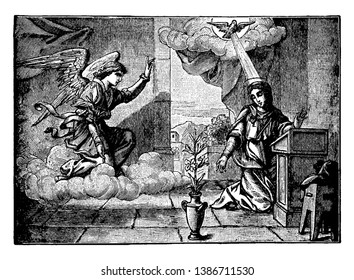 An angel reaches to Mary and annunciates her about the birth of Jesus, vintage line drawing or engraving illustration.