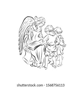 Angel reads Bible book with two boys. Saint heavenly symbol of man with wings. Decor for greeting retro cards for Christmas, Easter and other religious holidays. Illustration for children's tales.