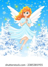 An angel with red hair, dressed in a blue dress, on a winter background. Christmas Eve. Winter snowy night.