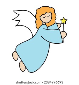 Angel with red hair and with a star on a white background. Design element of postcards, banners, invitations and sticker.