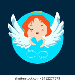 Angel with red hair and wings and heart on blue background. Vector illustration in flat style.