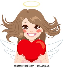 Angel with red heart and blowing hair